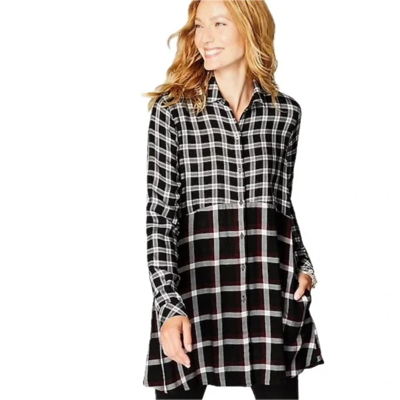 J. Jill Black Red Mixed Plaid Button Down Shirt Style Tunic Top Medium Petite - Picture 1 of 8